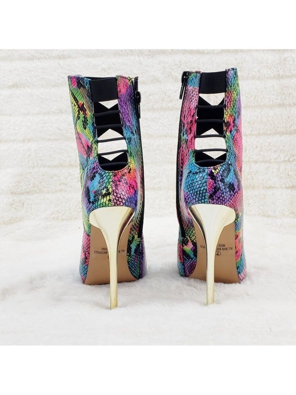 Bright Rainbow Snake Elastic Strap Gold Tone High Heel Stiletto Ankle Boots - Picture 5 of 10